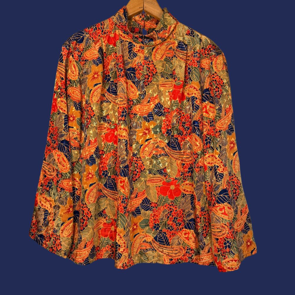 Vintage 80s Notations Shiny Satin Mock Neck Keyhole Back Blouse